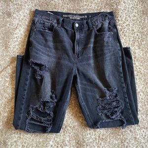 American Eagle High Waisted Black Wash Destructed Jeans Size 10